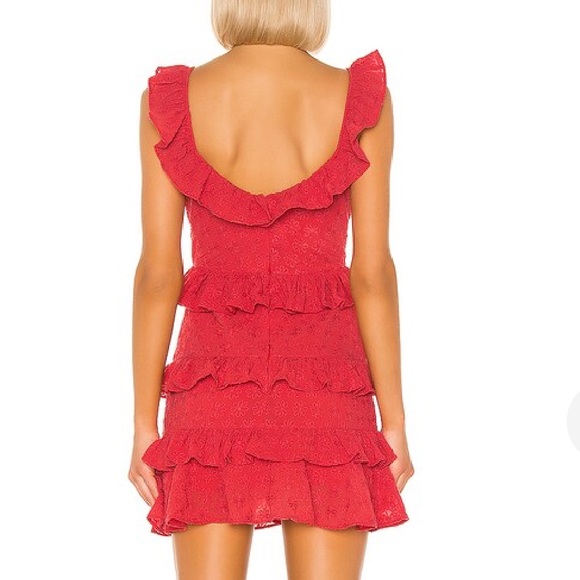 Lovers + Friends Dean Mini Dress Tomato Red Eyelet Tiered Ruffle Small - Picture 2 of 13